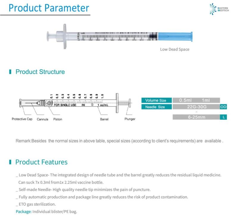 Needle Factory Made CE ISO Certificated Low Dead Volume Vaccine Syringe 0.5ml