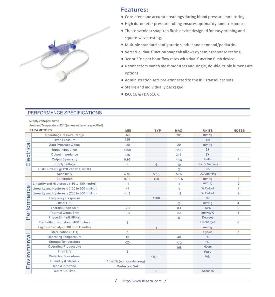 Critical Care Surgical CE Supplier Hisern Medical Supply IBP Transducers Disposable Medical Double Lumen