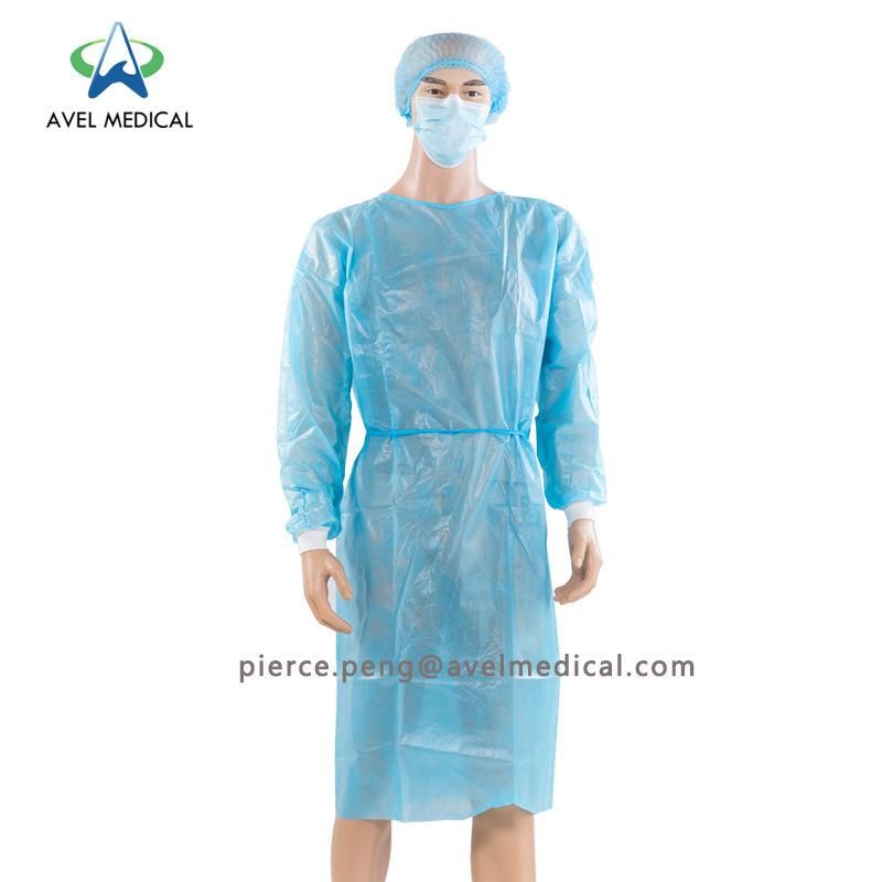 Disposable Fluid Resistant Non-Woven Protective Isolation Gown PP, PP+PE with Elastic Cuff or Velcro