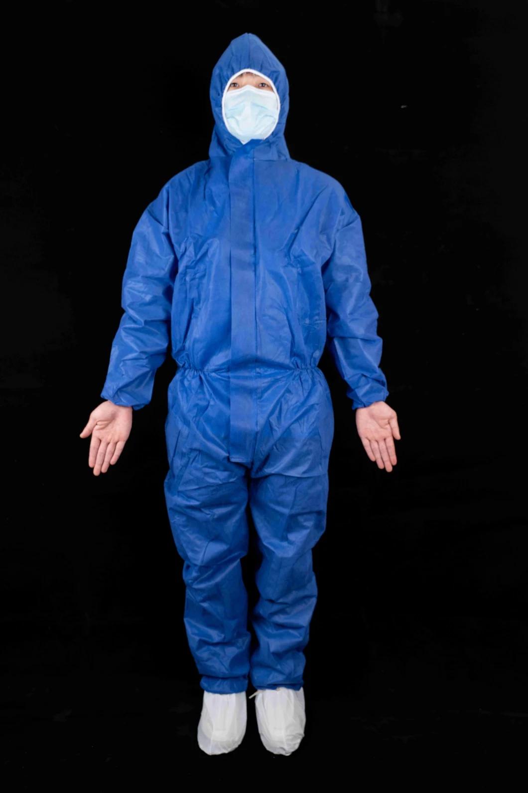 Type5/6 Disposable Waterproof SMS Coverall with Hood and Zipper Closure Factory Use Full-Body Gown