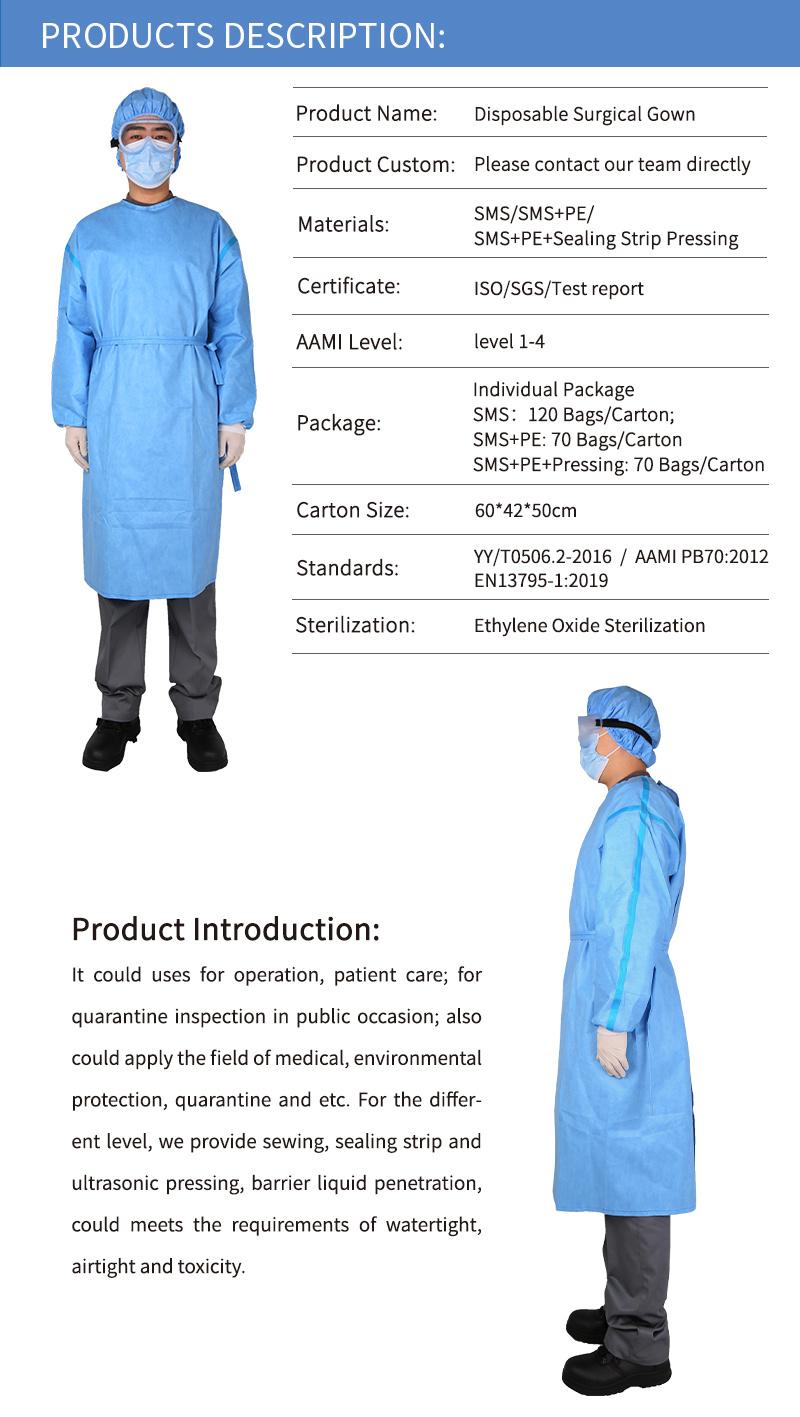 SGS SMS Non Woven blue Disposable Medical Surgical Isolation Gown