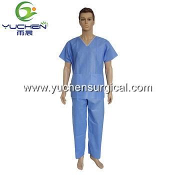 Disposable Blue SMS Scrub Suit with Round or V Collar
