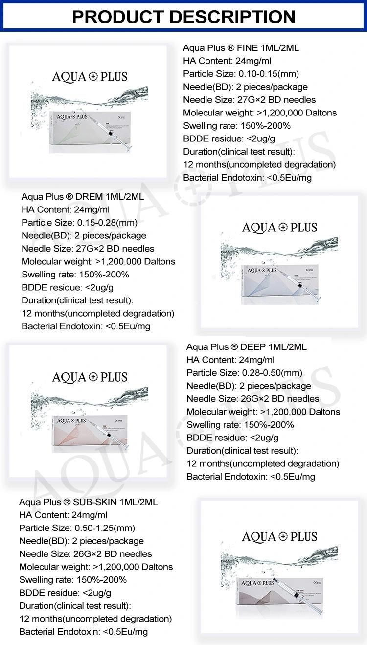Hong Kong Wrinkle Remover Hyaluronic Acid Dermal Fillers for Lips and Facelifts Cross Linked Derm From Aqua Plus