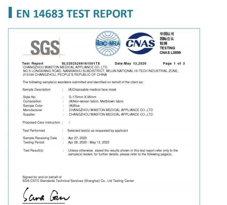 Disposable Medical Face Mask, Waston Ce, SGS Report