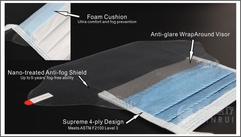 Disposable 4-Ply Supreme Non-Woven Surgical Face Mask with Eye Shield Visor and Foam Cushion Tie-on Bands