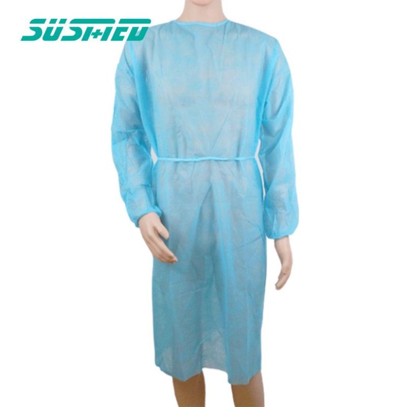 Disposable Blue Non Woven Elastic and Knitted Cuffs Isolation Gown