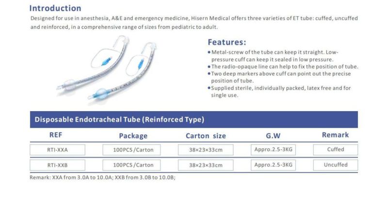 China Factory Uncuffed Disposable Endotracheal Tube (Reinforced)