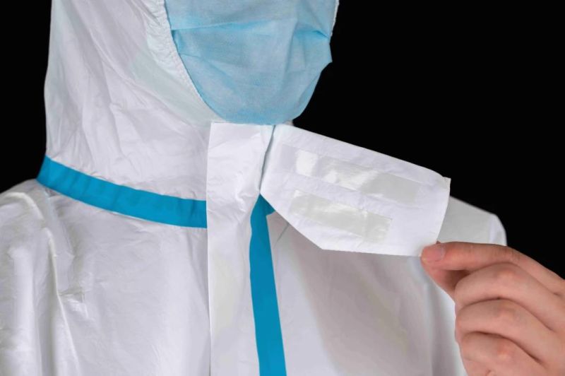 Full-Body Gown Disposable Type4/5/6 White Coverall with Heat Sealed Blue Tape