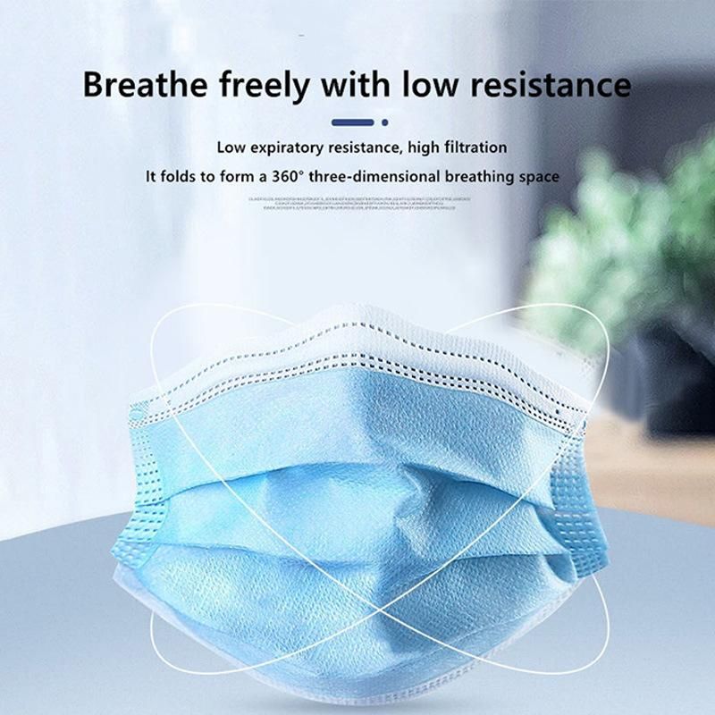 3 Ply FDA CE Approved Disposable Anti Virus Pollution Bfe>99% Non-Woven Blue Earloop Face Mask