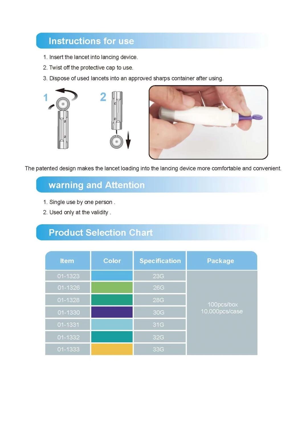 Disposable Sterilie Twist Blood Lancet with safety Cap and Tri-Bevel Nedle Tip