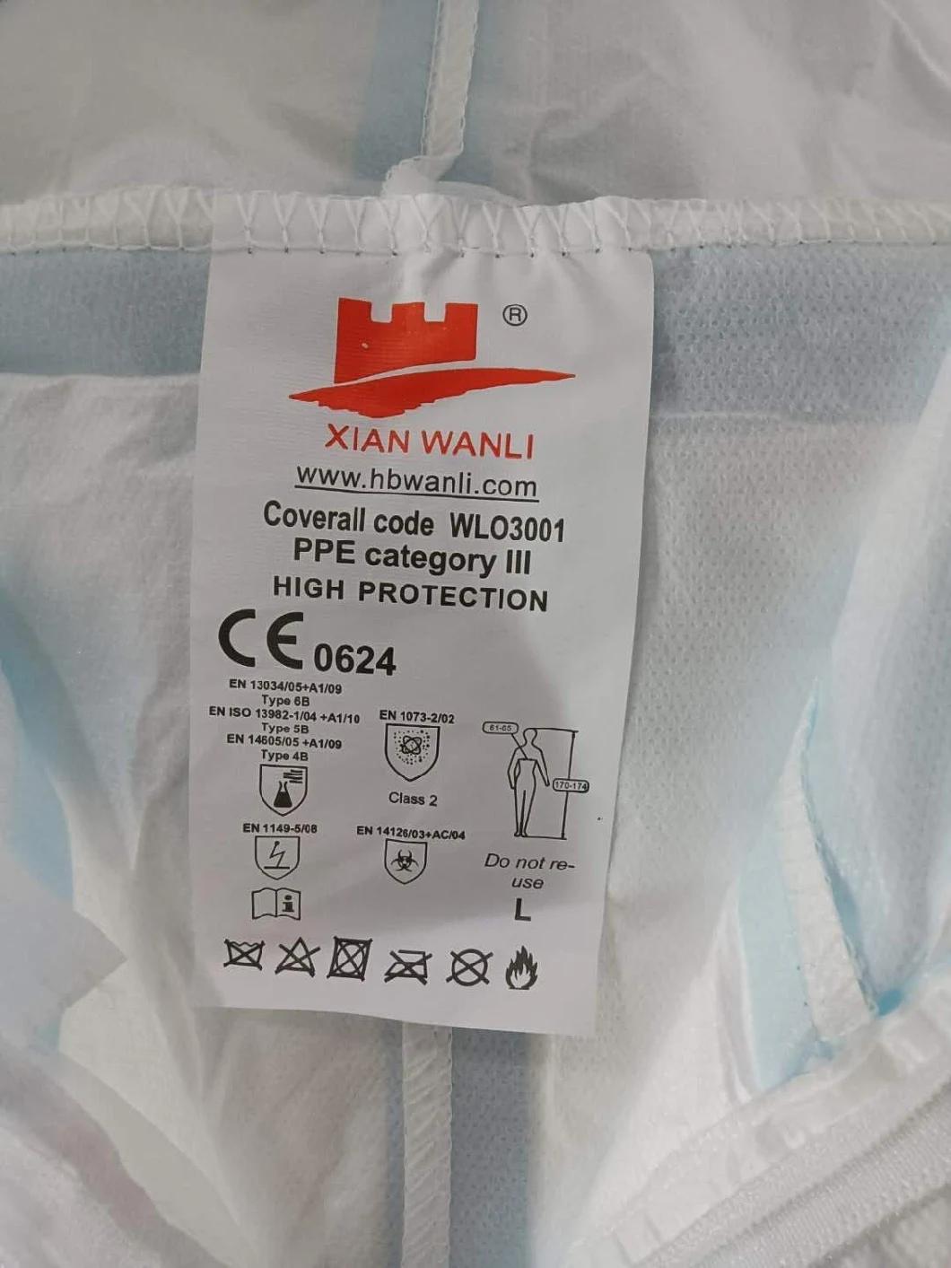 CE En14605 En14126 Cat III Type 4/5/6 Disposable Coverall Medical Protective Suit Tape Seam Chemical Coverall