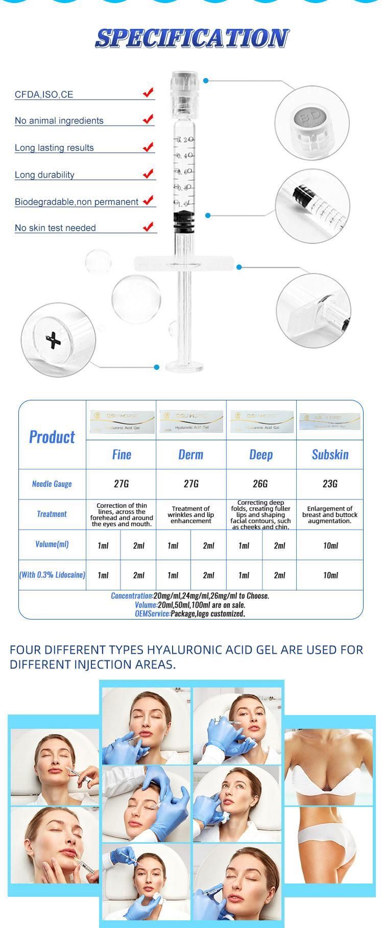 Cross Linked 10 Ml 100 Ml Hyaluronic Acid Injection Dermal Filler