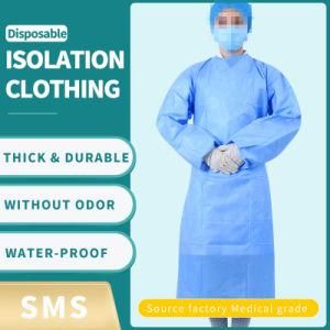 Surgical Gown Blue PE Sps Fabric Non-Sterile Treatment Gown Belt Around Neckline Examination Disposable Visitor Coat Knit Cuff for Adults