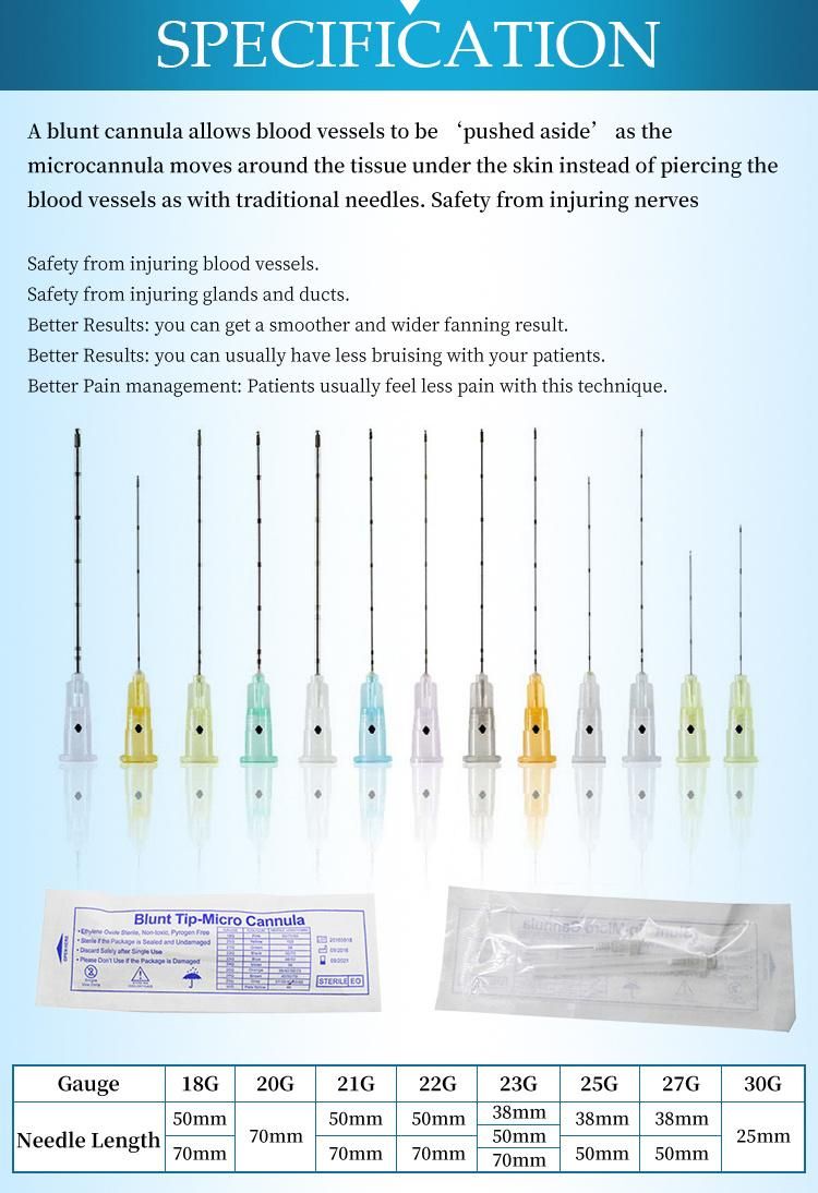 High Quality Stainless Steel 22g 50mm Blunt Tip Micro Cannula Needle for Hyaluronic Acid