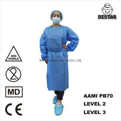 AAMI PB70 Level 3 Disposable SMS Medical Isolation Gown with Knitted Cuffs for Hospital