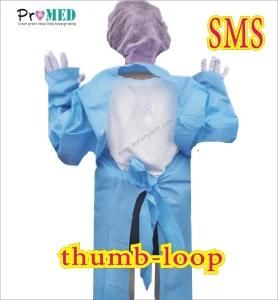 Safety Protective Impervious thumb hook/up gown, Blue Disposable SMS thumb loop gown, welding sleeve