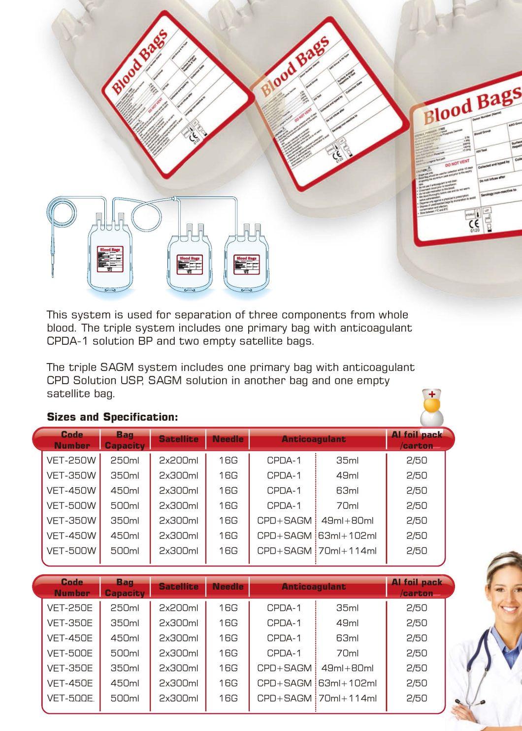 Disposable Double Cpda-1 Blood Transfusion Set Blood Bag