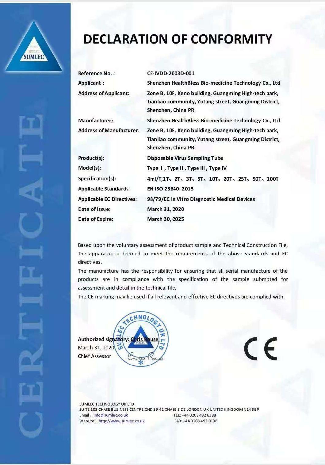 Cfda and CE Disposable Virus Sampling Tube and Swab