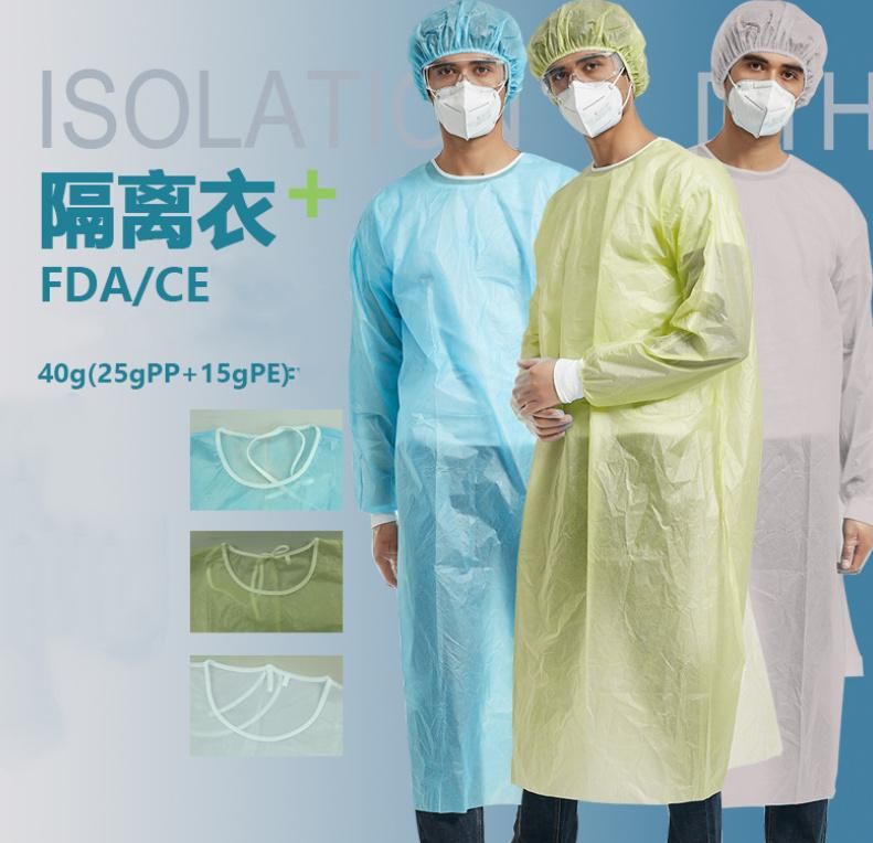 En14126 Water Resistant Microbial Penetration 40 30GSM Coated Laminate PP PE Film Disposable Isolation Gown