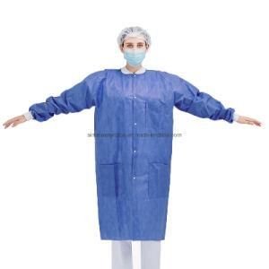 Hot Selling Disposable SMS Non Woven Medical Lab Coat Patient Coat Three Pockets Rib Knit Collar and Cuffs Scrub Jacket