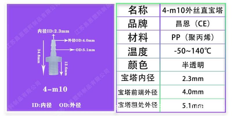 High Temperature Resistance and Corrosion Resistance PP Plastic Outer Wire Straight Pagoda M5m6 Outer Wire M10 Outer Straight Pipe Pagoda Joint