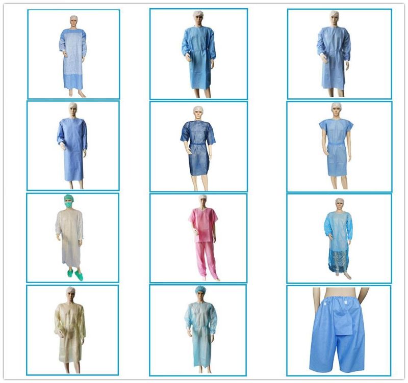 Disposable Non Woven Exam Gowns Fluid Resistant Blue PP Isolation Gown Smock Spp Visitor Cloak Polypropylene Surgeon Gown with Tie Closure