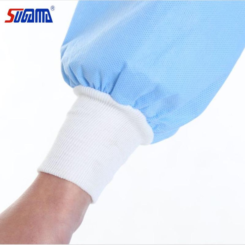 Blue Non-Woven SMS Cleanroom AAMI Level 2 Protective Disposable Isolation Surgical Gown with Knit Cuff