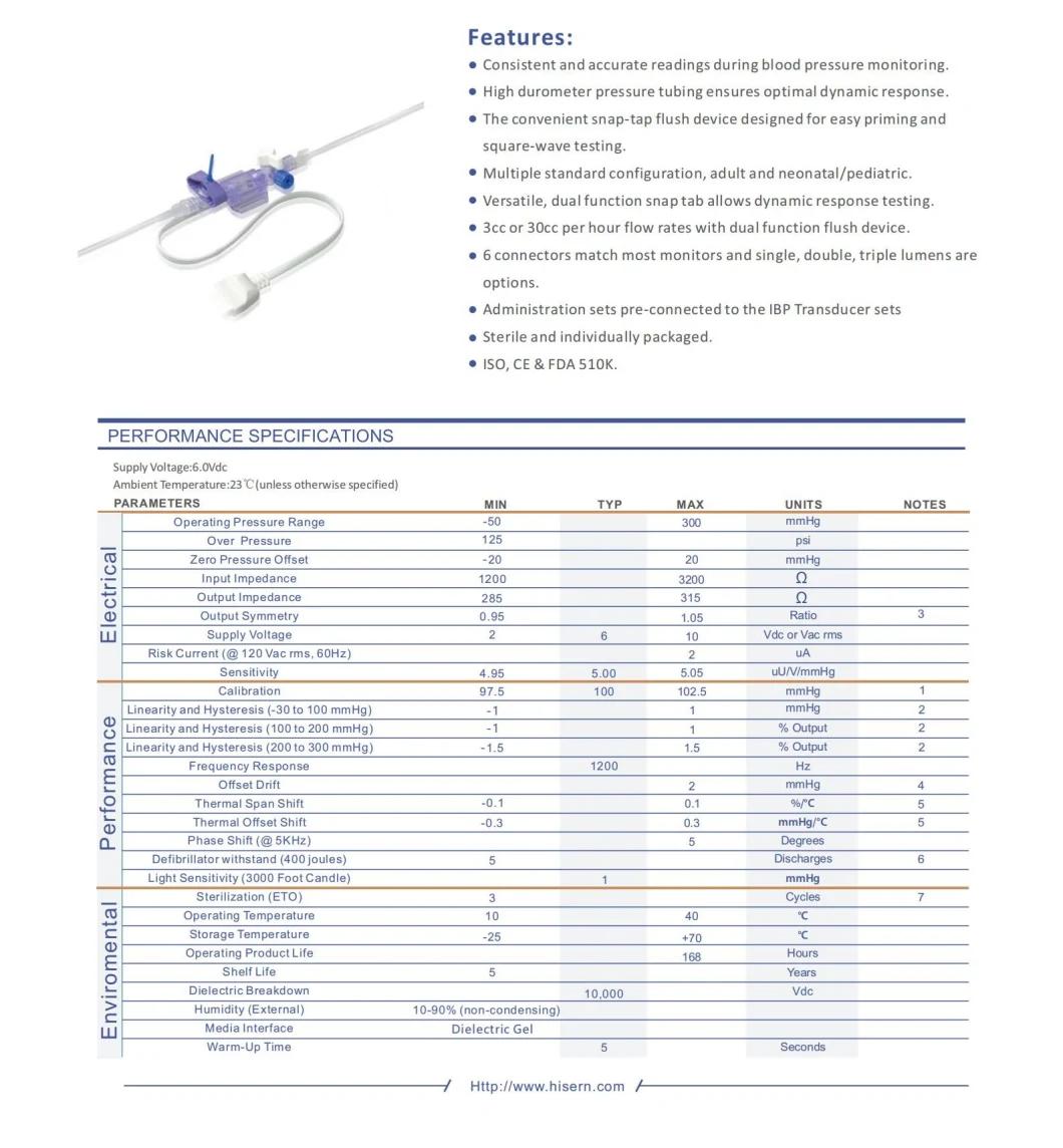 Factory Hisern Disposable FDA 510K IBP Transducers Medical Single Lumen