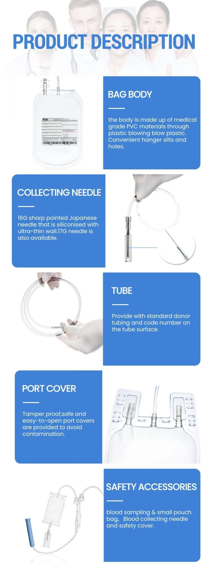 Disposable Single Blood Bag with Needle Protector/Collection Tube/Sampling Pouch