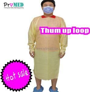 Water-proof, Splash proof resistant impervious Surgical Yellow SMS/PE/CPE thumb up gown, Yellow plastic PE gown with thumb loop