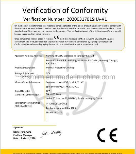 Ce FDA Certificate Overall Medical Protective Clothes