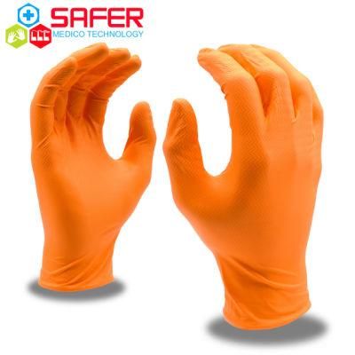 Orange Diamond Grip Textured Nitrile Gloves Heavy Duty