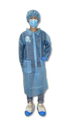 Hot Sale Antistatic Blue White Disposable Waterproof One Size Fit All SMS PP Non Woven Lab Coat for Laboratory with FDA CE Approved