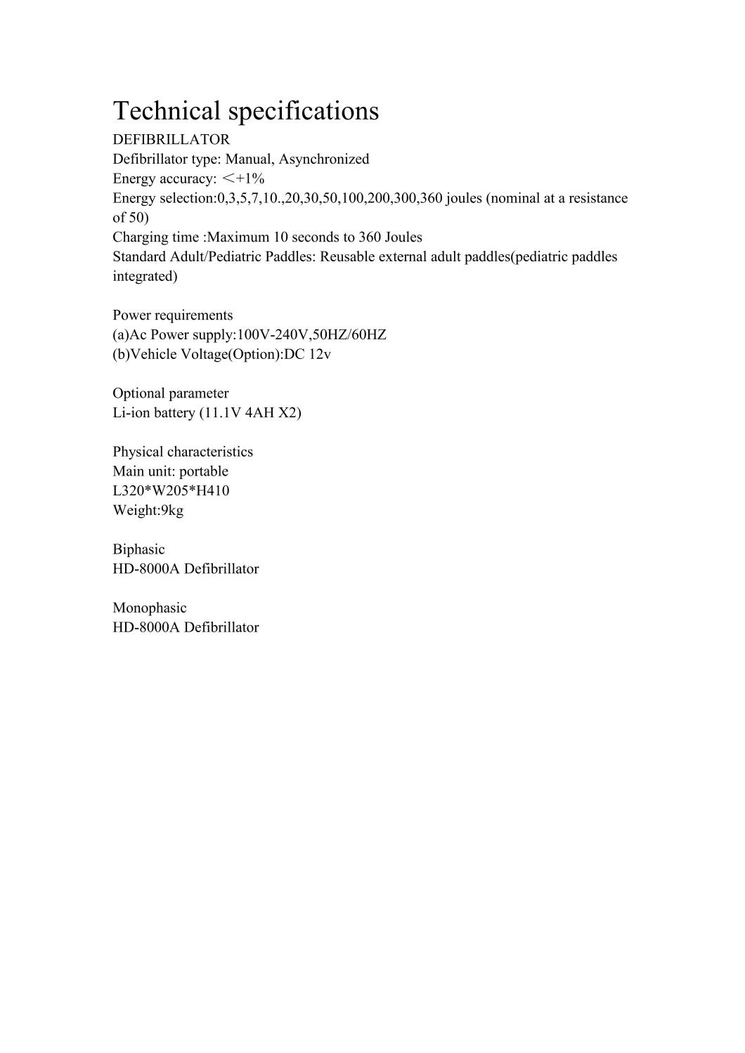 HD-8000A Biphasic Defibrillator Manual External Asynchronous Defibrillation Portable
