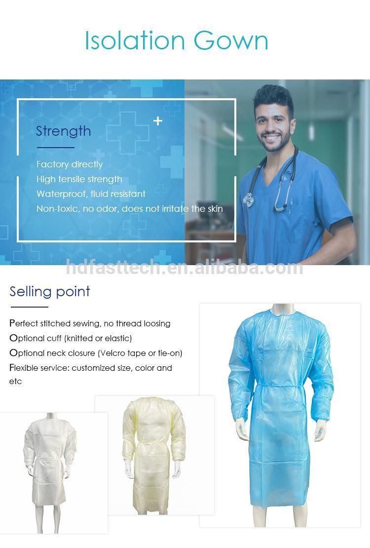 AAMI Level 2 Factory Directly Protective PP PE 40GSM Laminated Surgical Waterproof Disposable Isolation Gown