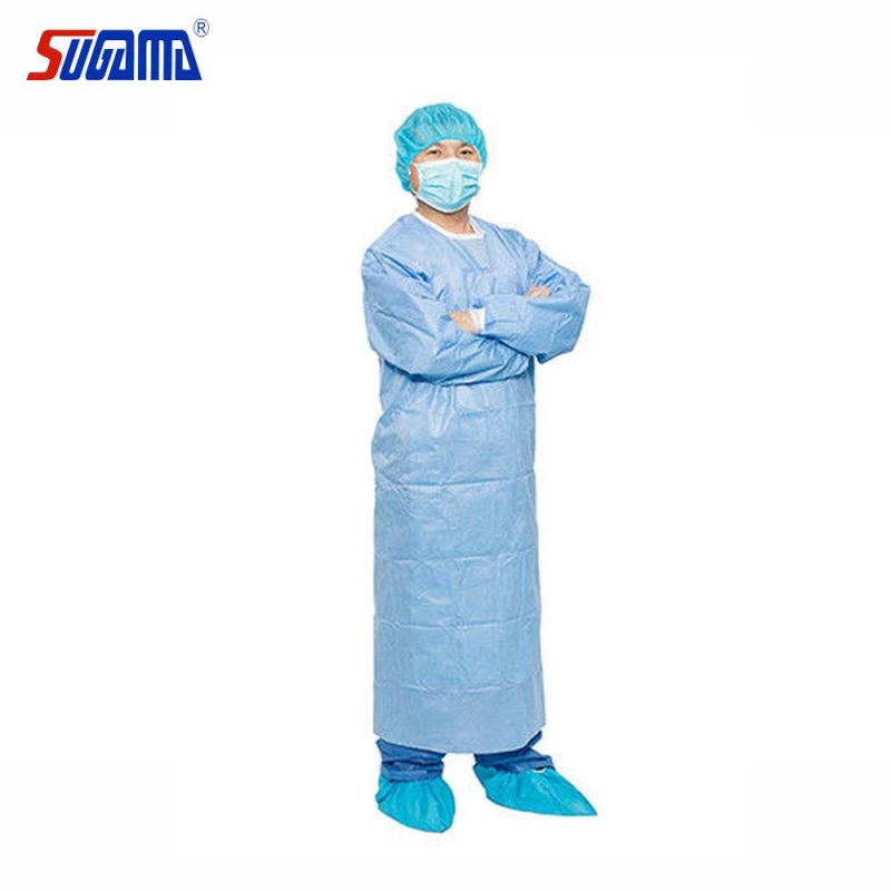 Blue Non-Woven SMS Cleanroom AAMI Level 2 Protective Disposable Isolation Surgical Gown with Knit Cuff