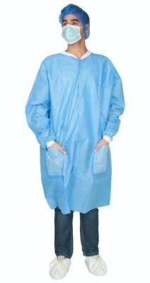 Disposable SMS Lab Coat Blue with/Without Pockets for Adult Knitted Collar and Cuffs Breathable Fluid Resistant