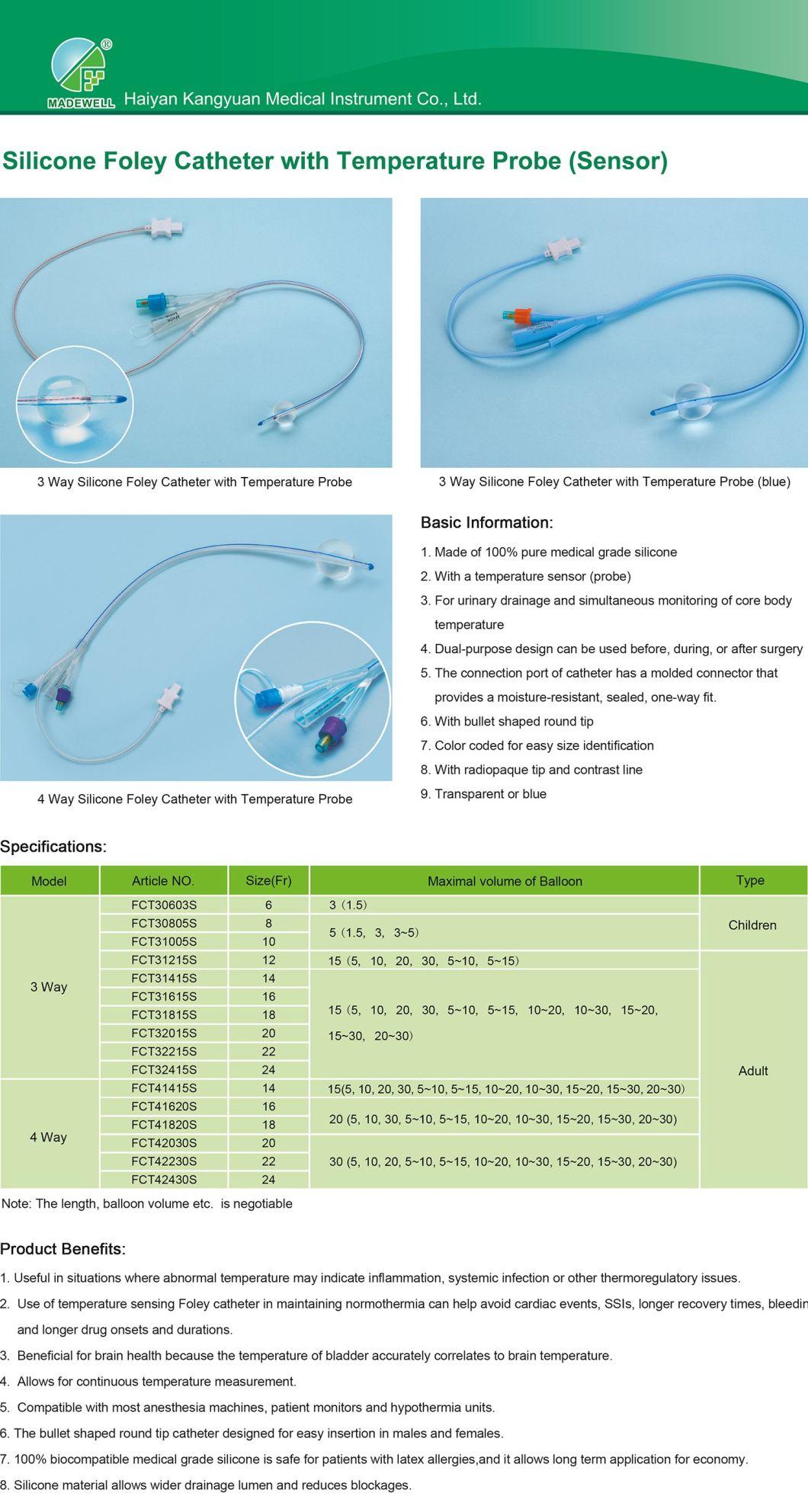 Urethral Use Silicone Urinary Foley Catheter with Temperature Sensor Probe Monitoring