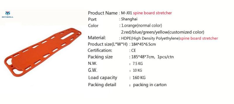 M-J01 Good Quality Hospital Used Medical Board Spine X-ray Plastic Stretcher