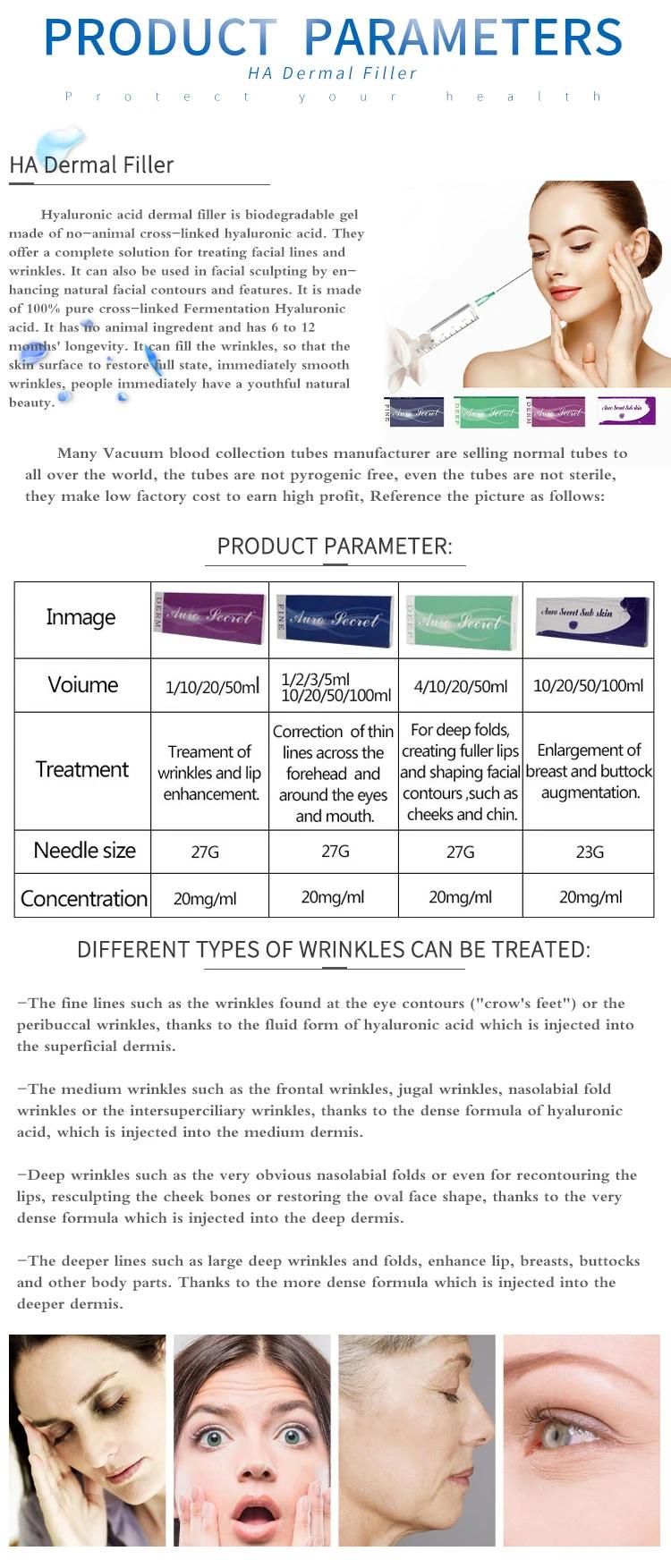 1ml 2ml for Butt Augmentation Injection Cross Linked Hyaluronic Acid Dermal Filler