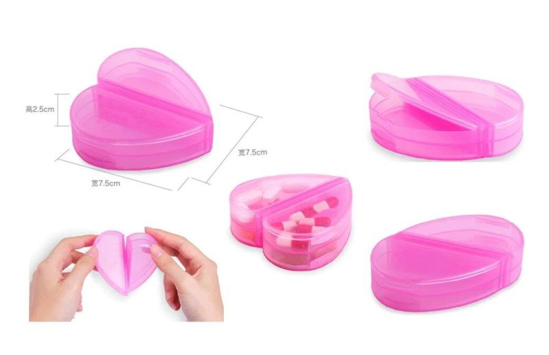 Ce FDA Approved Promotional Gift Heart Shape Pill Case with Two Compartments Promotional Pill Container