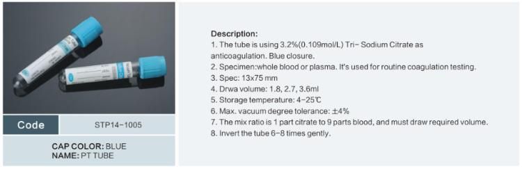 Disposable PT Tube 3.2% Sodium Citrate Vacuum Blood Collection Tube