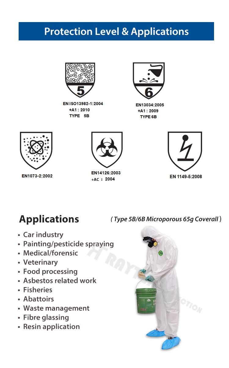 PPE Disposable Microporous 65g Type 5/6 Coverall /Suit /Garment with Elastic Hood and Cuff En14126 Standard with CE FDA