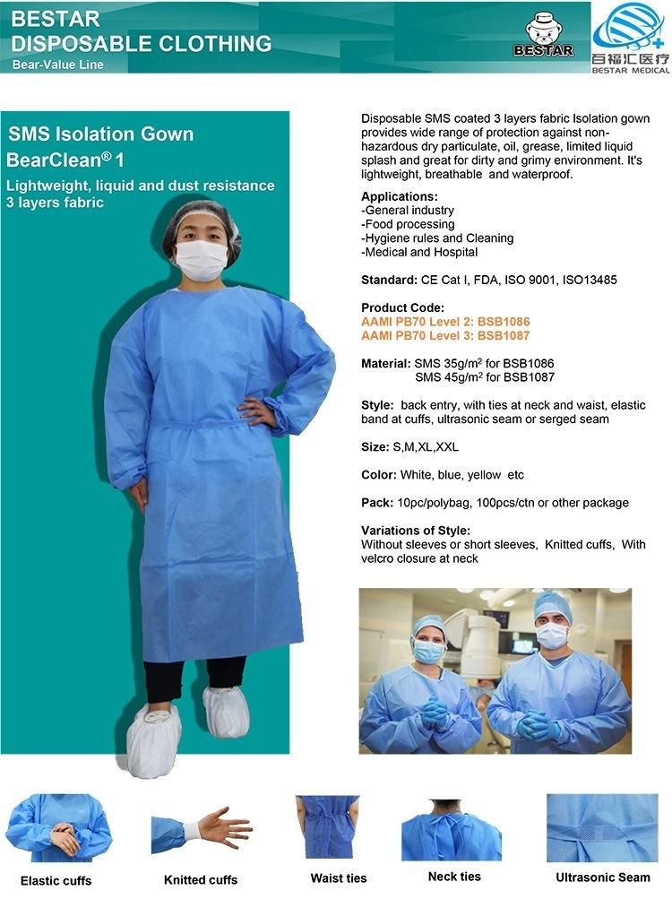 Disposable Nonwoven AAMI PB70 Level 3 SMS Isolation Gown
