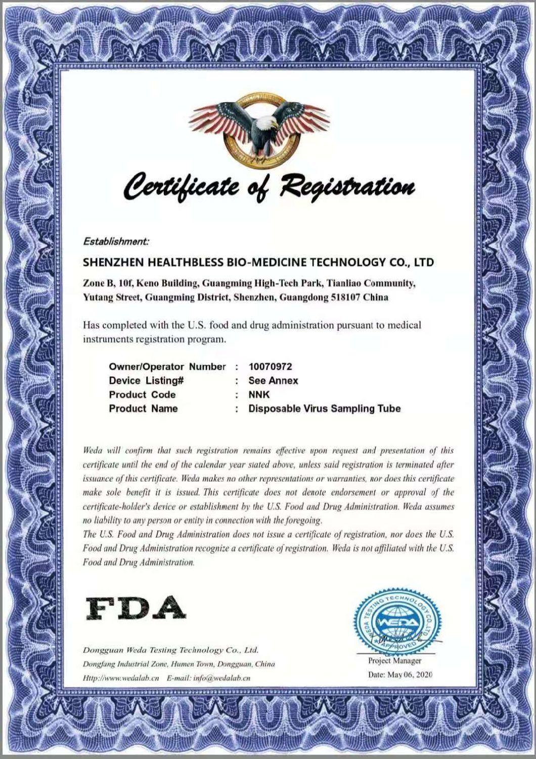 Cfda and CE Disposable Virus Sampling Tube and Swab