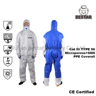 Breathable Disposable Nonwoven Cat III Type 56 Microporous + SMS Safetty Protective Coverall Overall Protective Suit