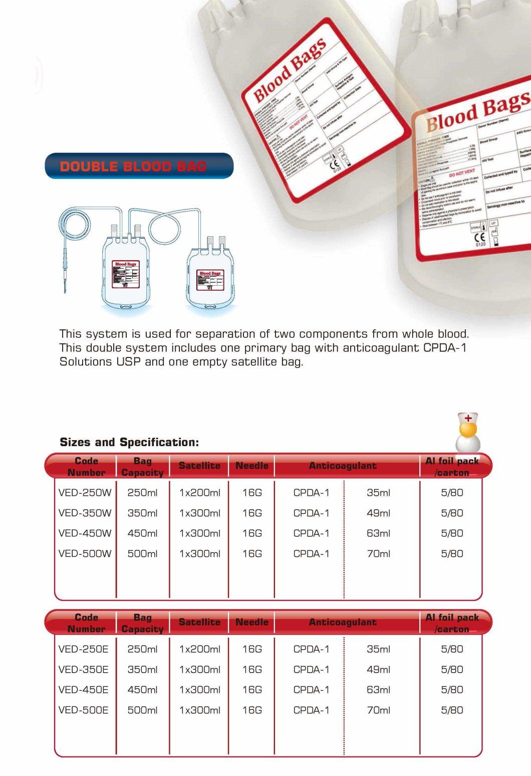 Disposable Double Cpda-1 Solution Blood Transfusion Set Bag