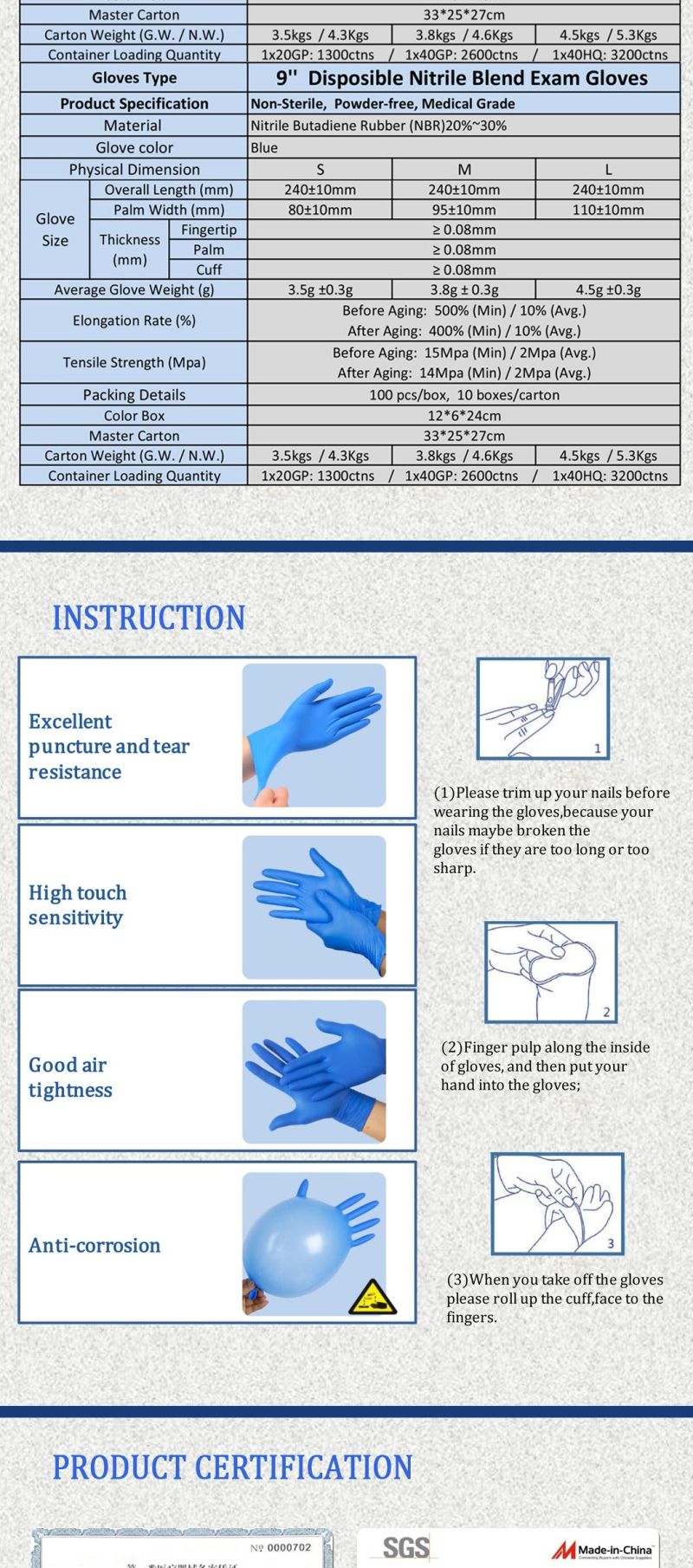 Disposable Examination Nitrile Gloves 100% L/C Sign with Factory