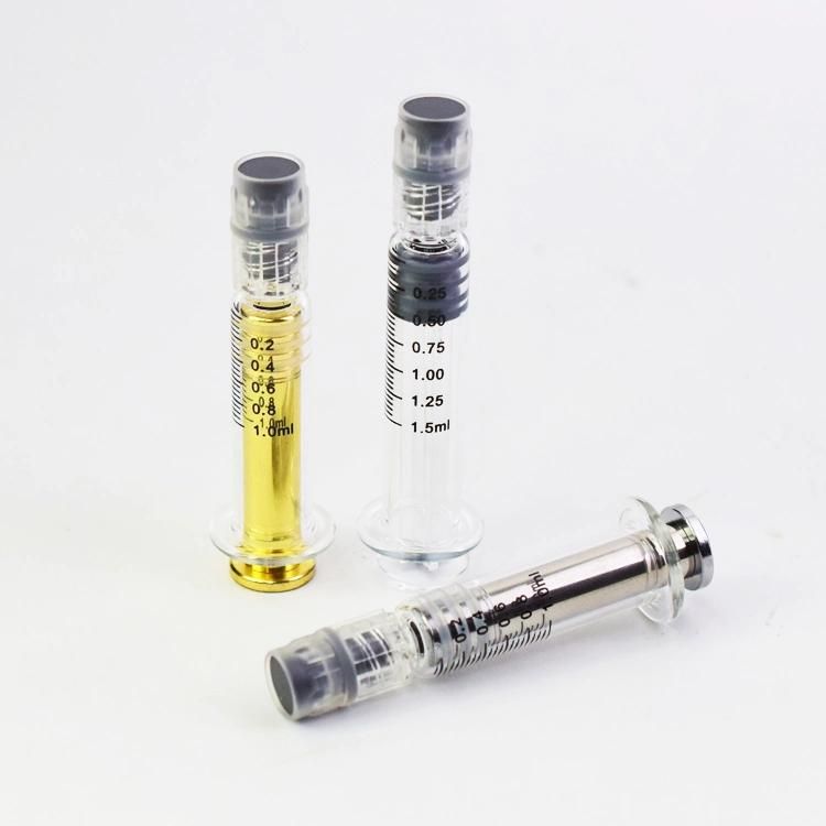 Disposable 1ml 2.25ml Concentrate Oil Glass Syringe with Gold Silver Metal Plunger PS Three Parts Needle
