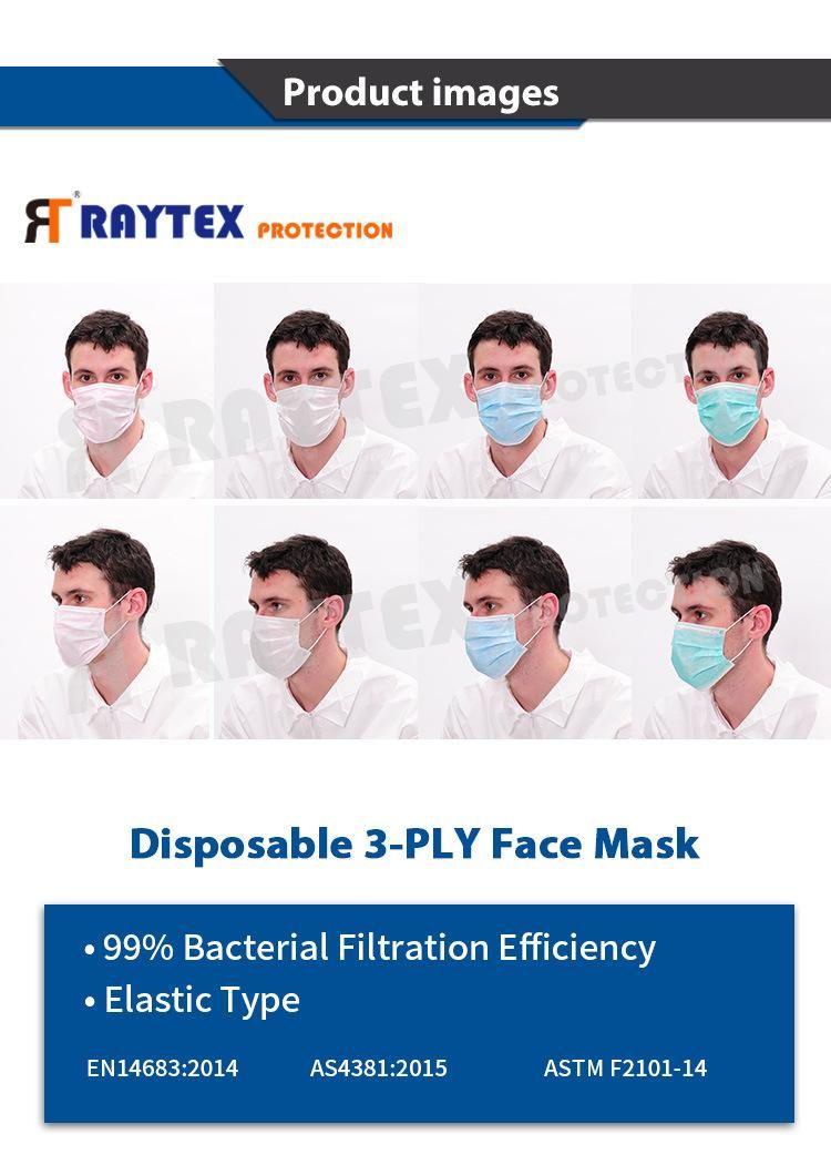 Hot Sale Personal En14683 Bfe99 Earloop Elastic Protective PP 3 Ply Face Mask